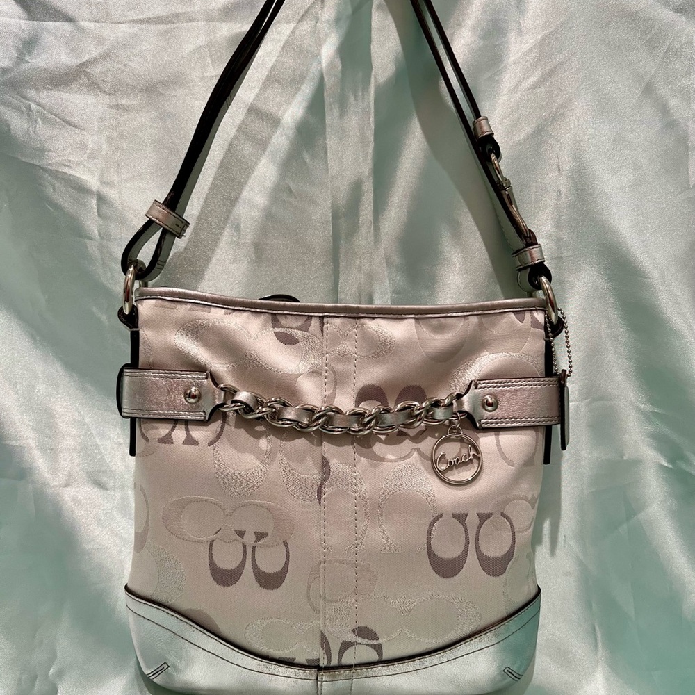 COACH Signature Silver & Grey Metallic Chain Accent Crossbody Bag